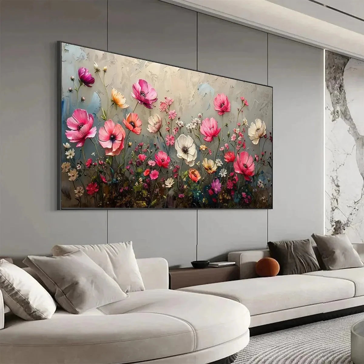 SUMMER BLOOM: Textured Pink and White Floral Painting on Grey Background | gold frame stretched on neutral wall