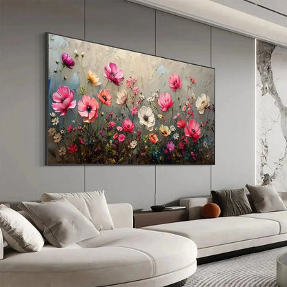 SUMMER BLOOM: Textured Pink and White Floral Painting on Grey Background | gold frame stretched on neutral wall