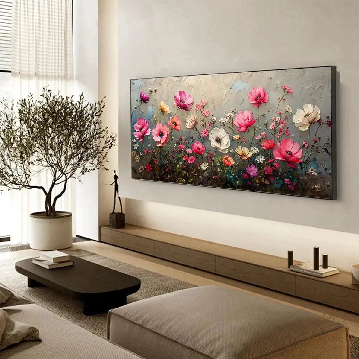 SUMMER BLOOM: Textured Pink and White Floral Painting on Grey Background | rolled canvas, ready for custom framing