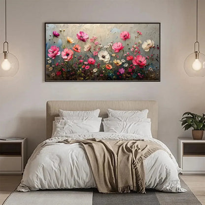 SUMMER BLOOM: Textured Pink and White Floral Painting on Grey Background | black frame version on white wall