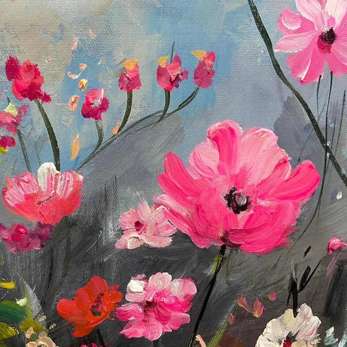 SUMMER BLOOM: Textured Pink and White Floral Painting on Grey Background | Abstract mood, soft natural light studio shot