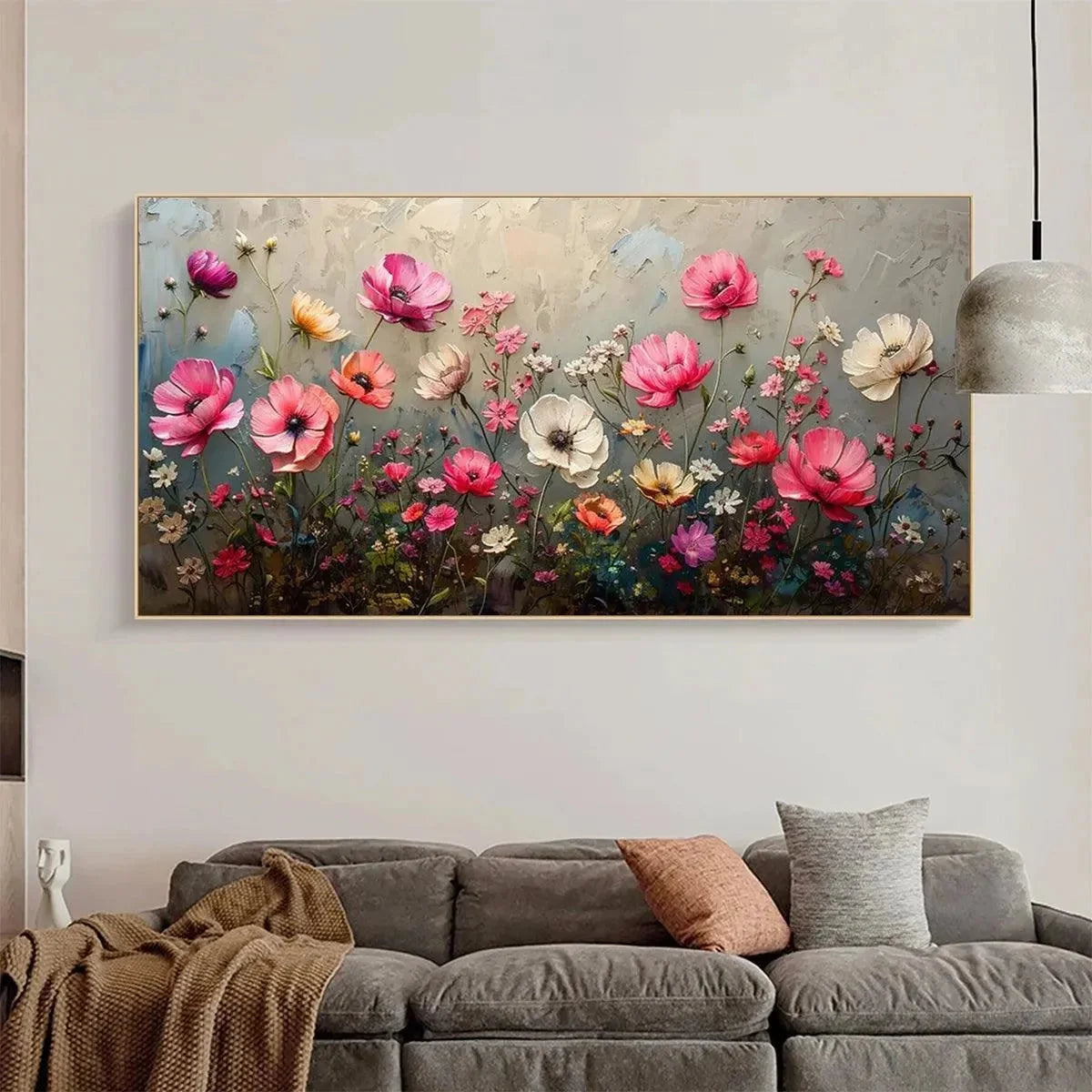 SUMMER BLOOM: Textured Pink and White Floral Painting on Grey Background | beige palette, original oil on stretched canvas art