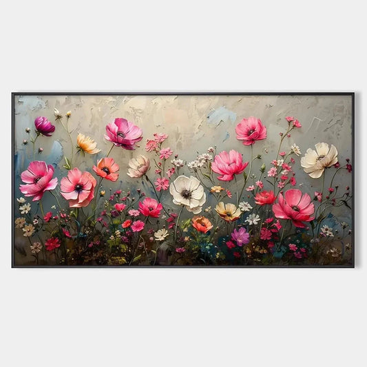 SUMMER BLOOM: Textured Pink and White Floral Painting on Grey Background | hanging in living room, Abstract wall art