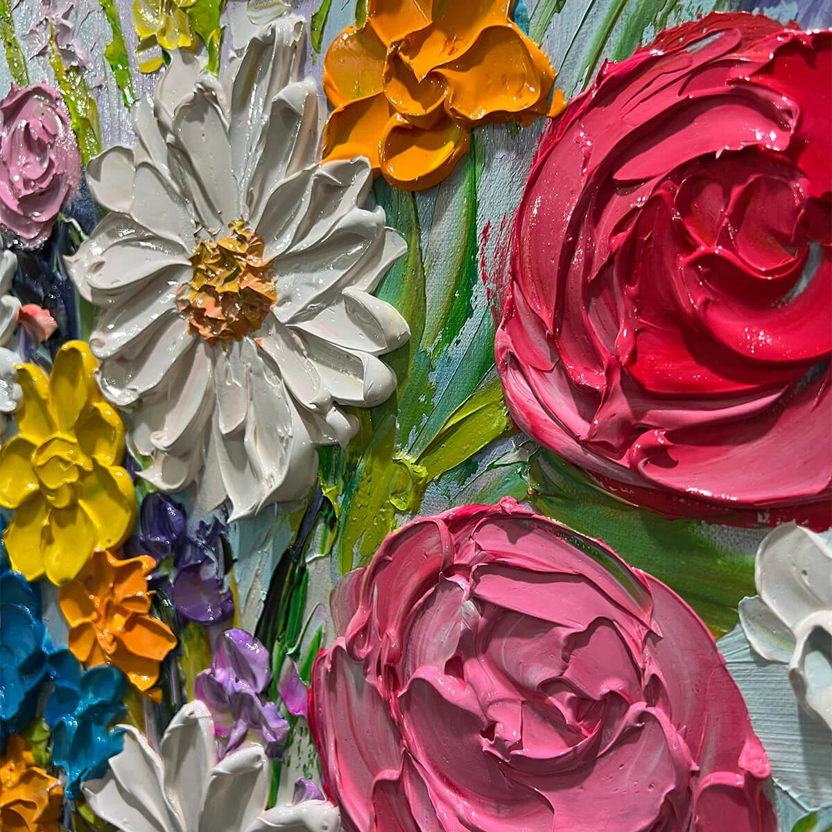 SUMMER BOUQUET: Colorful Floral Impasto Oil Painting | rectangular format, hand-painted canvas edge