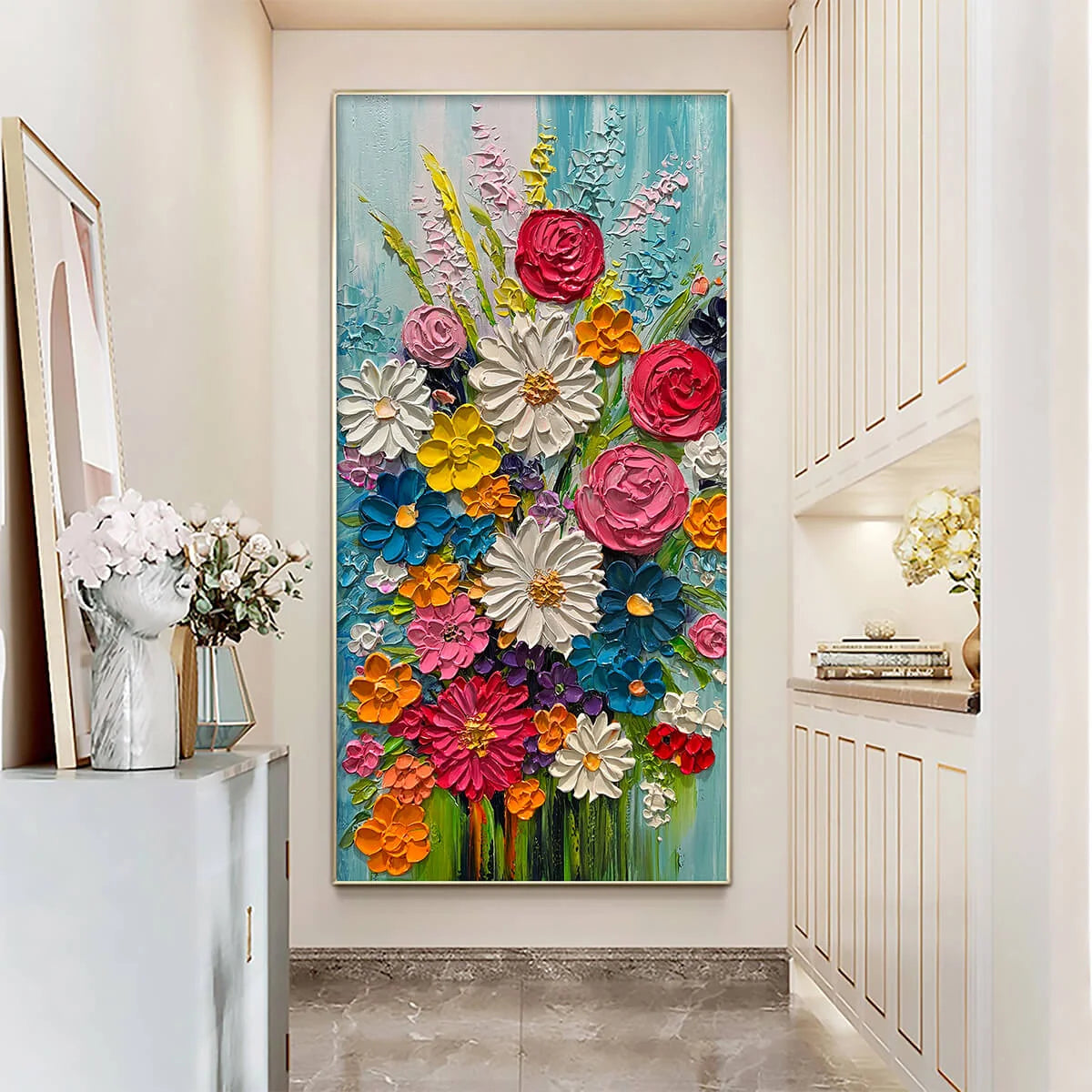 SUMMER BOUQUET: Colorful Floral Impasto Oil Painting | gold frame stretched on neutral wall