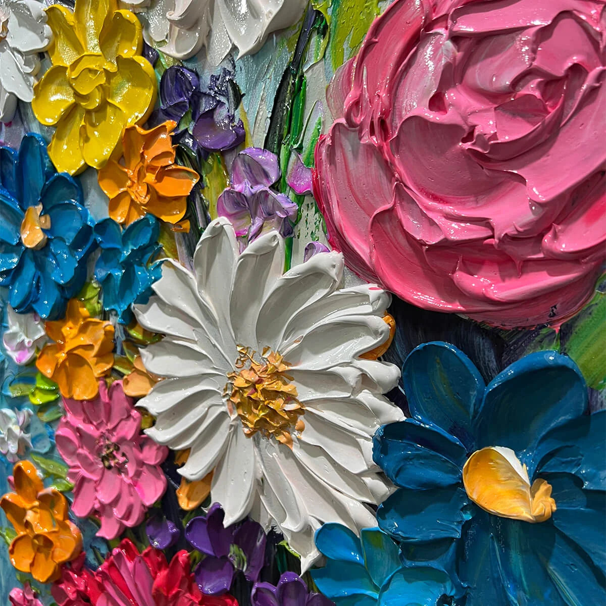 SUMMER BOUQUET: Colorful Floral Impasto Oil Painting | black frame version on white wall