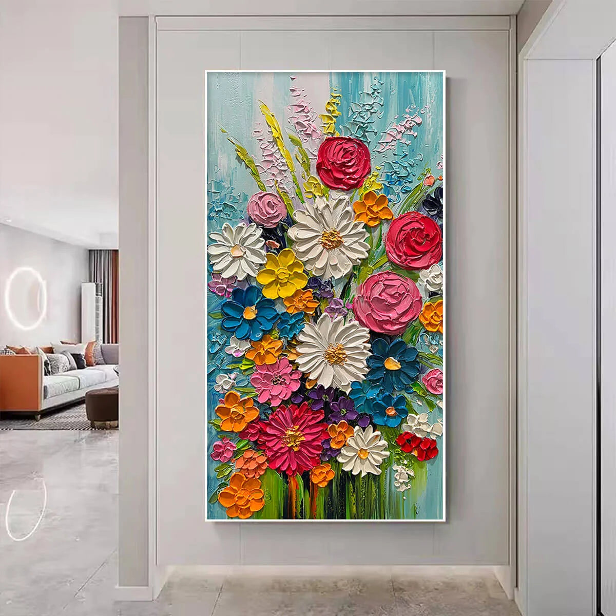 SUMMER BOUQUET: Colorful Floral Impasto Oil Painting | hanging in living room, Abstract wall art