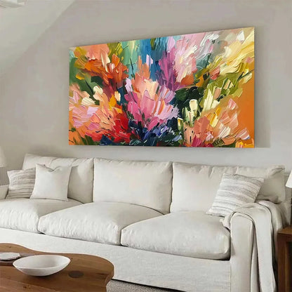 SUMMER BOUQUET: Impressionistic Floral Painting in Vibrant Colors | gold frame stretched on neutral wall