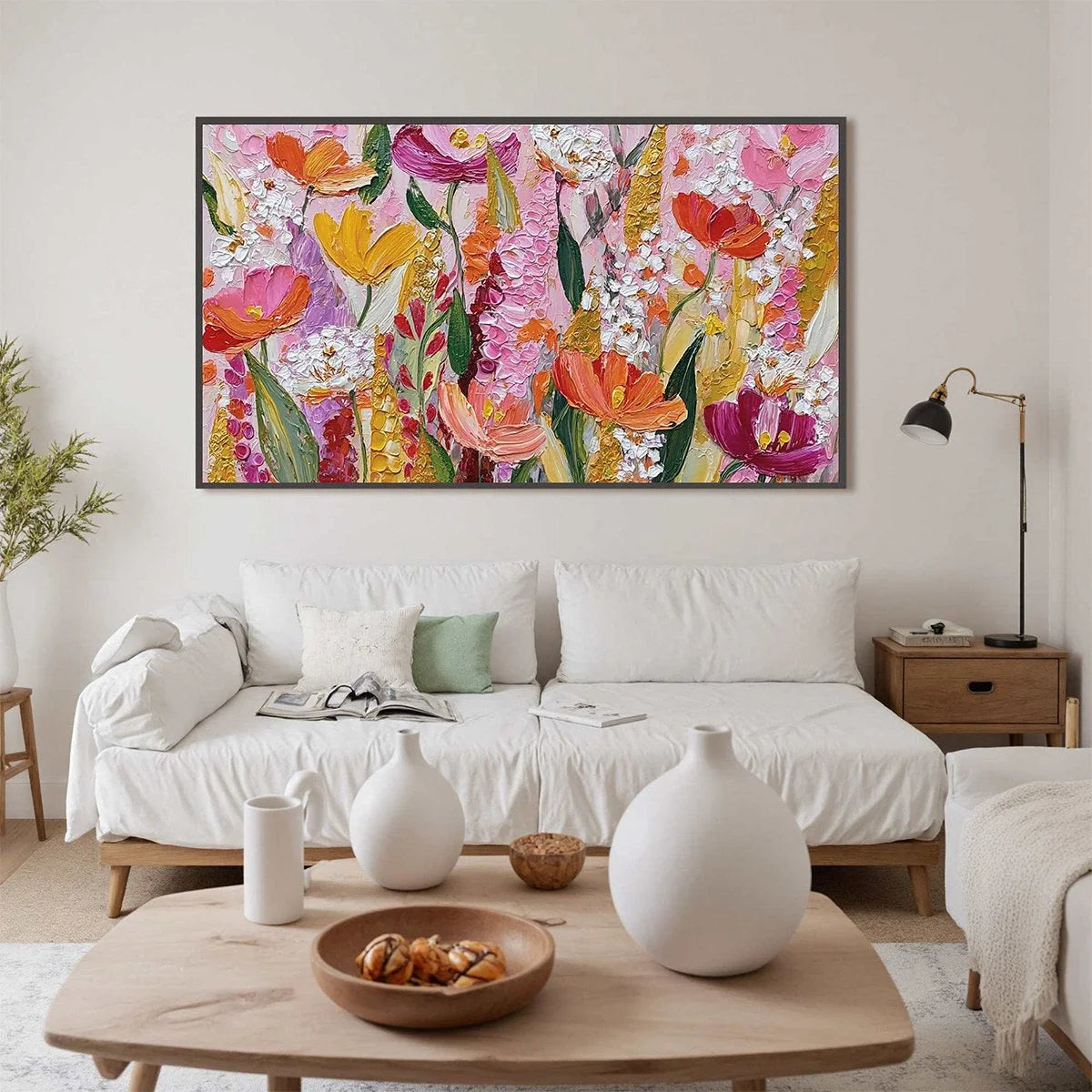 SUMMER GARDEN RHAPSODY: Textured Impasto Floral Oil Painting | gold frame stretched on neutral wall