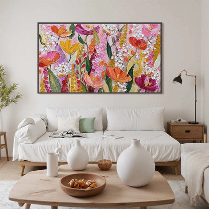 SUMMER GARDEN RHAPSODY: Textured Impasto Floral Oil Painting | gold frame stretched on neutral wall