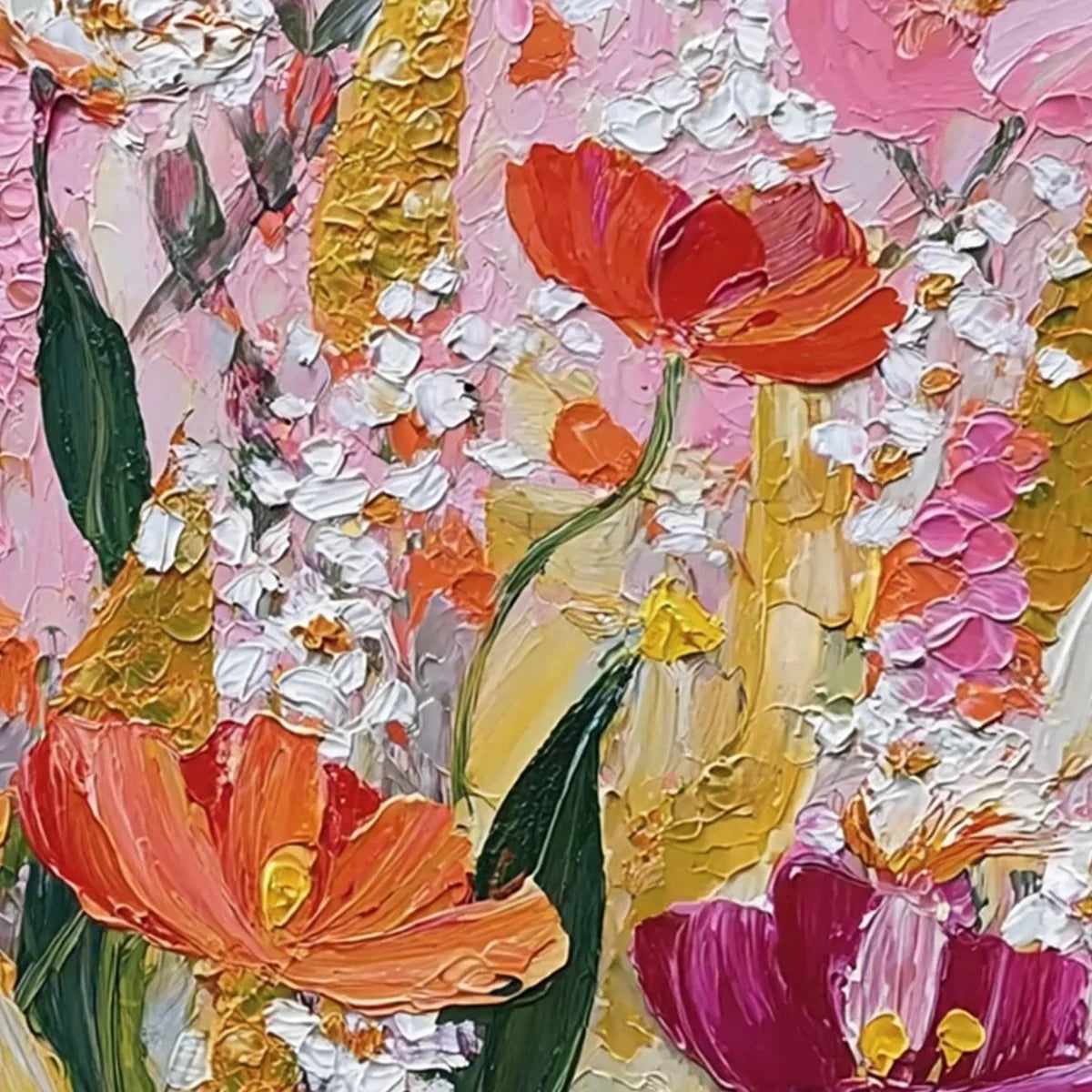 SUMMER GARDEN RHAPSODY: Textured Impasto Floral Oil Painting | black frame version on white wall
