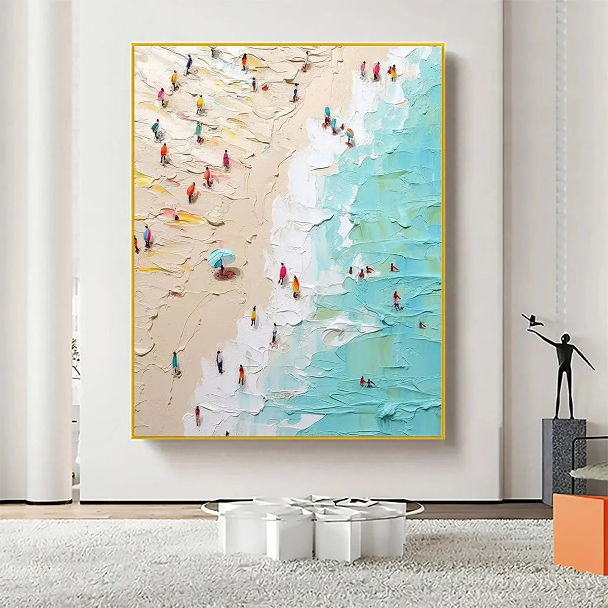 SUMMER HOLIDAY: Colorful Impasto Beach Scene Oil Painting | gold frame stretched on neutral wall