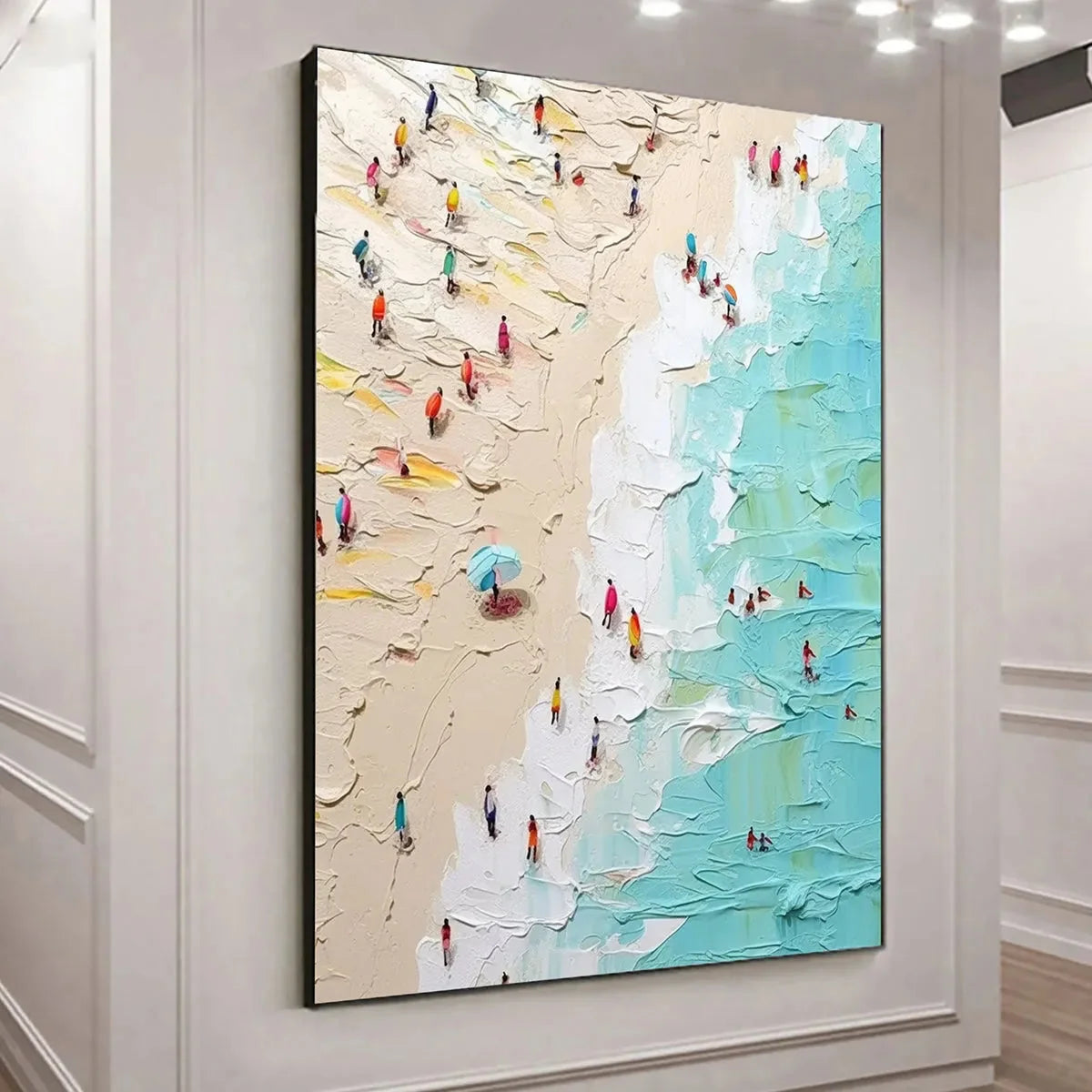 SUMMER HOLIDAY: Colorful Impasto Beach Scene Oil Painting | black frame version on white wall