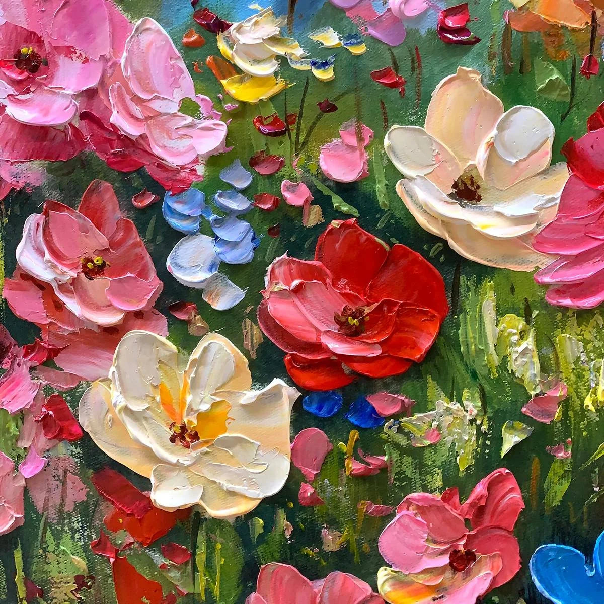 SUMMER MEADOW DANCE: Textured Impasto Floral Oil Painting | rectangular format, hand-painted canvas edge