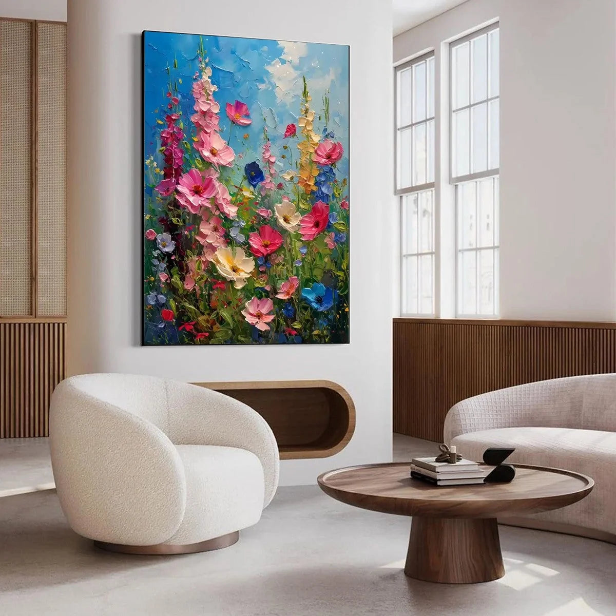 SUMMER MEADOW DANCE: Textured Impasto Floral Oil Painting | gold frame stretched on neutral wall