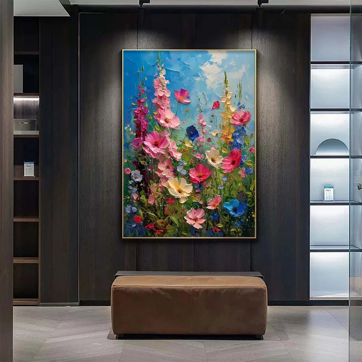 SUMMER MEADOW DANCE: Textured Impasto Floral Oil Painting | black frame version on white wall