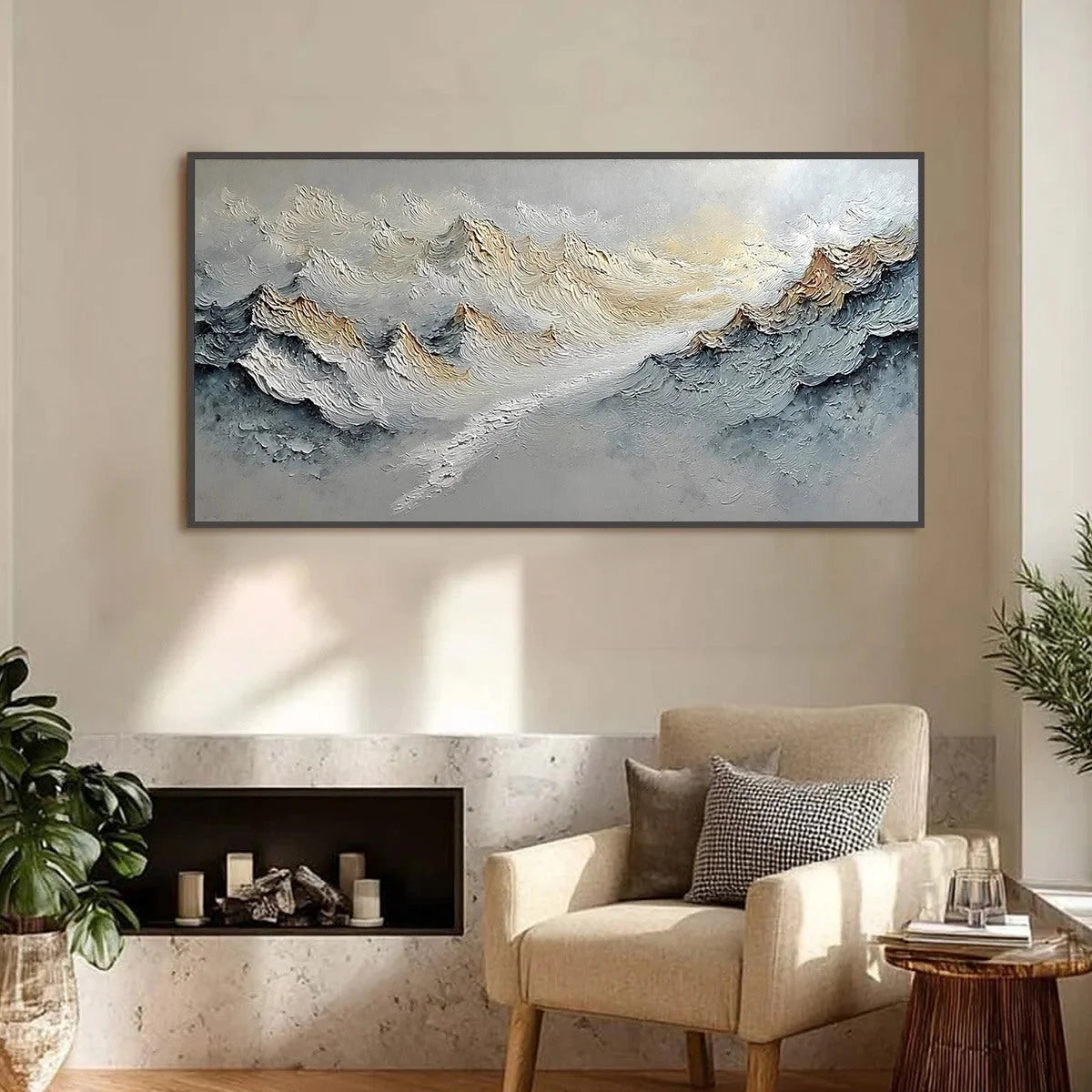 SUMMIT'S WHISPER: Textured Wabi Sabi Abstract Mountain Landscape Painting | Abstract closeup, raised brushwork detail