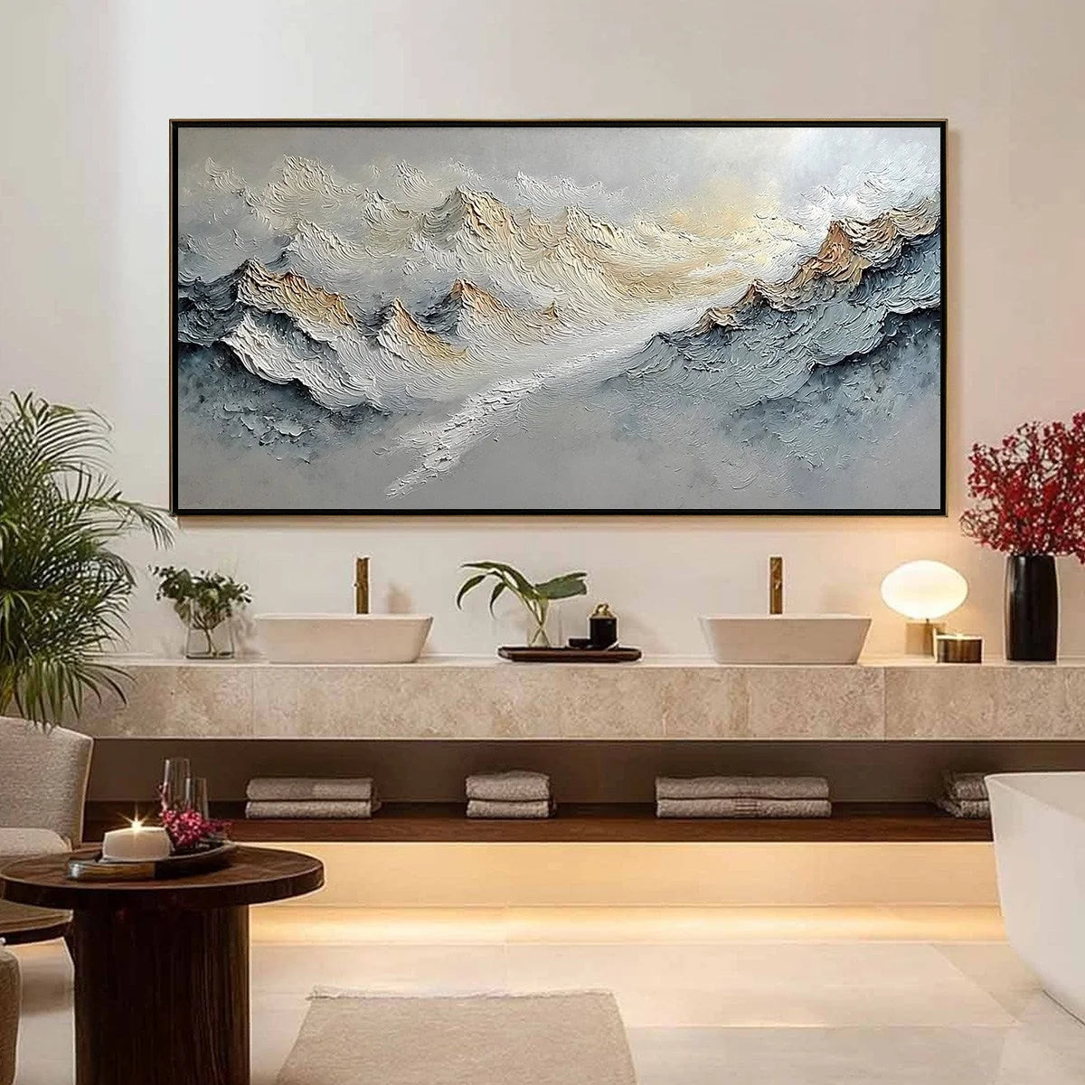 SUMMIT'S WHISPER: Textured Wabi Sabi Abstract Mountain Landscape Painting | gold frame stretched on neutral wall