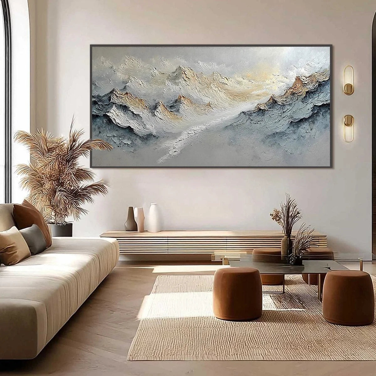 SUMMIT'S WHISPER: Textured Wabi Sabi Abstract Mountain Landscape Painting | black frame version on white wall