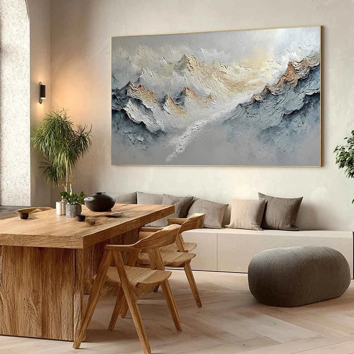 SUMMIT'S WHISPER: Textured Wabi Sabi Abstract Mountain Landscape Painting | Abstract mood, soft natural light studio shot
