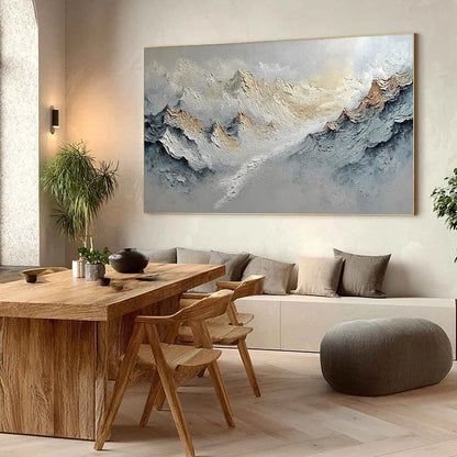 SUMMIT'S WHISPER: Textured Wabi Sabi Abstract Mountain Landscape Painting | Abstract mood, soft natural light studio shot