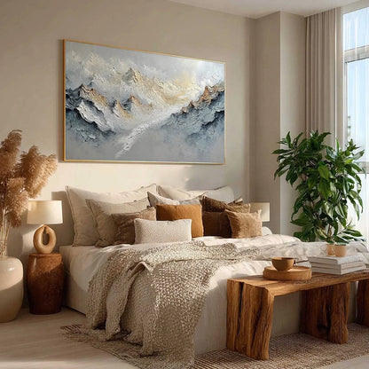 SUMMIT'S WHISPER: Textured Wabi Sabi Abstract Mountain Landscape Painting | yellow palette, original oil on stretched canvas art