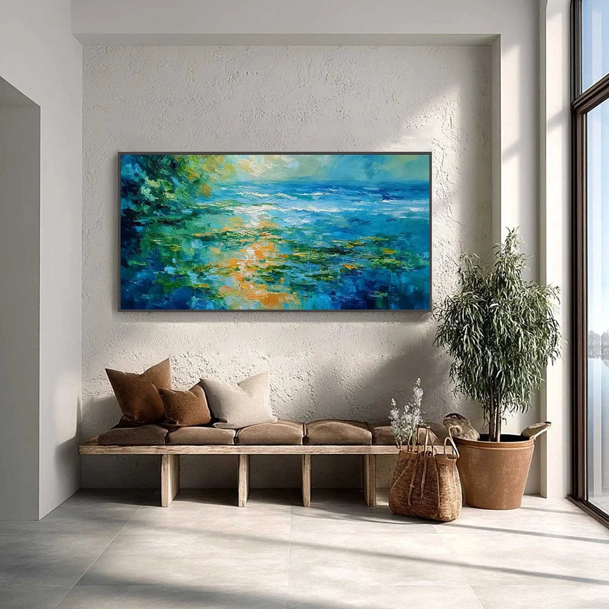 SUN-KISSED LAGOON: Textured Palette Knife Seascape Oil Painting | Abstract closeup, raised brushwork detail