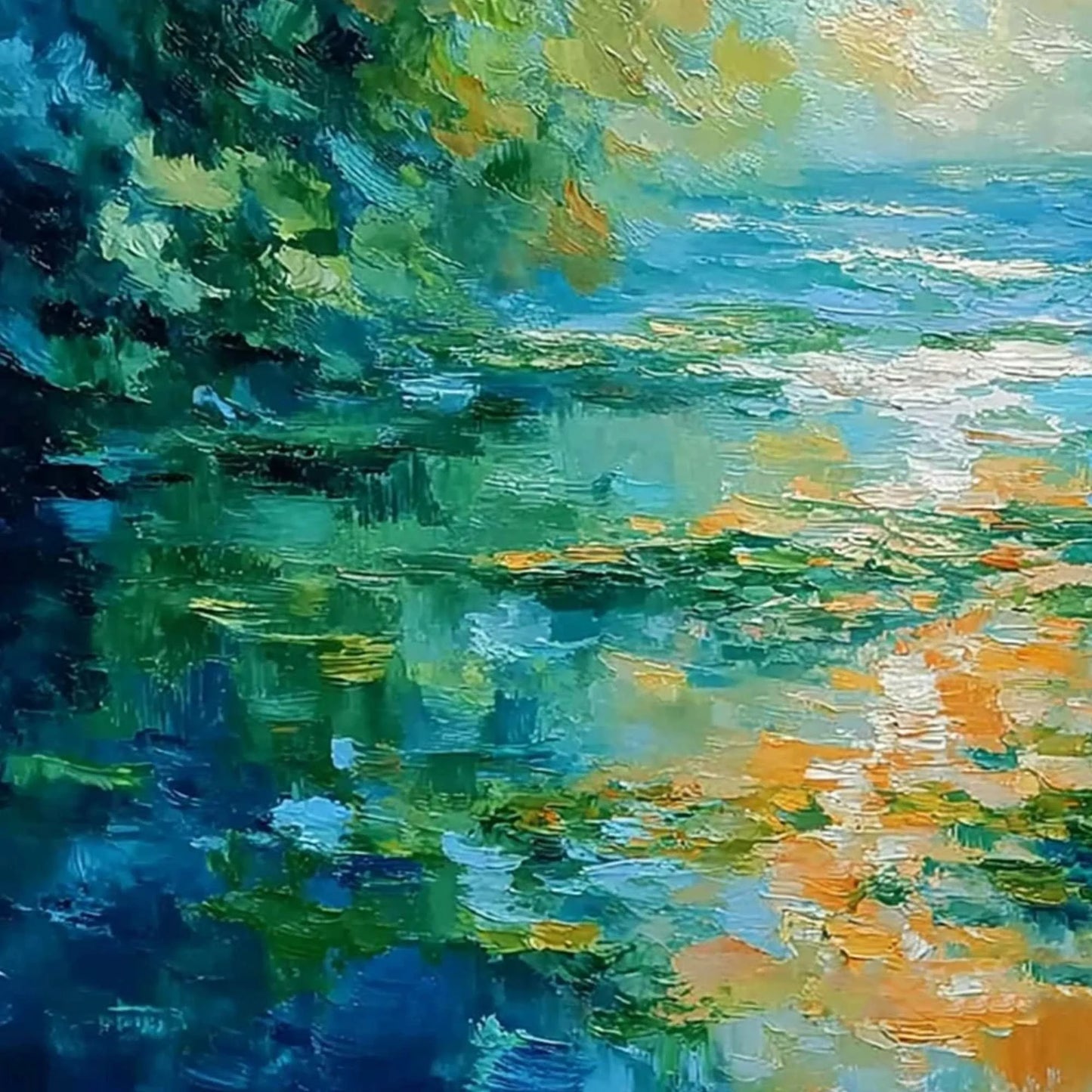 SUN-KISSED LAGOON: Textured Palette Knife Seascape Oil Painting | rectangular format, hand-painted canvas edge