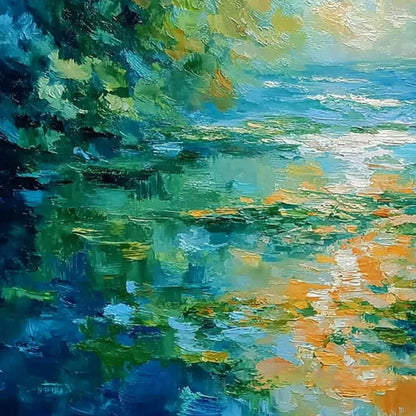 SUN-KISSED LAGOON: Textured Palette Knife Seascape Oil Painting | rectangular format, hand-painted canvas edge