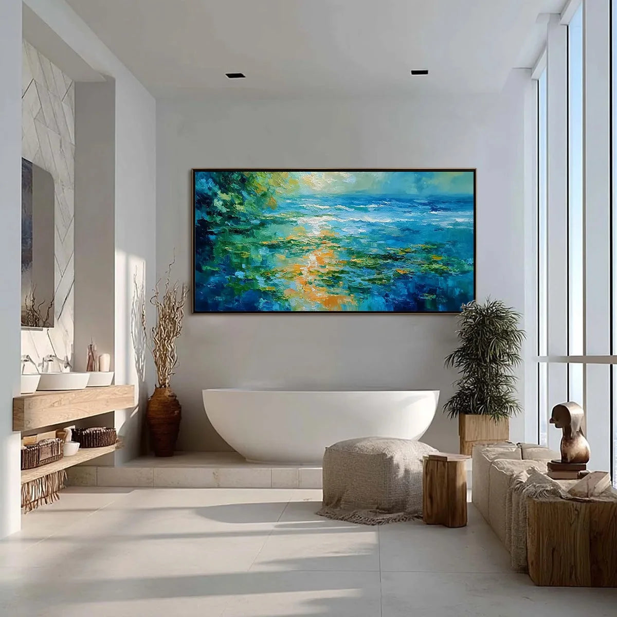 SUN-KISSED LAGOON: Textured Palette Knife Seascape Oil Painting | gold frame stretched on neutral wall
