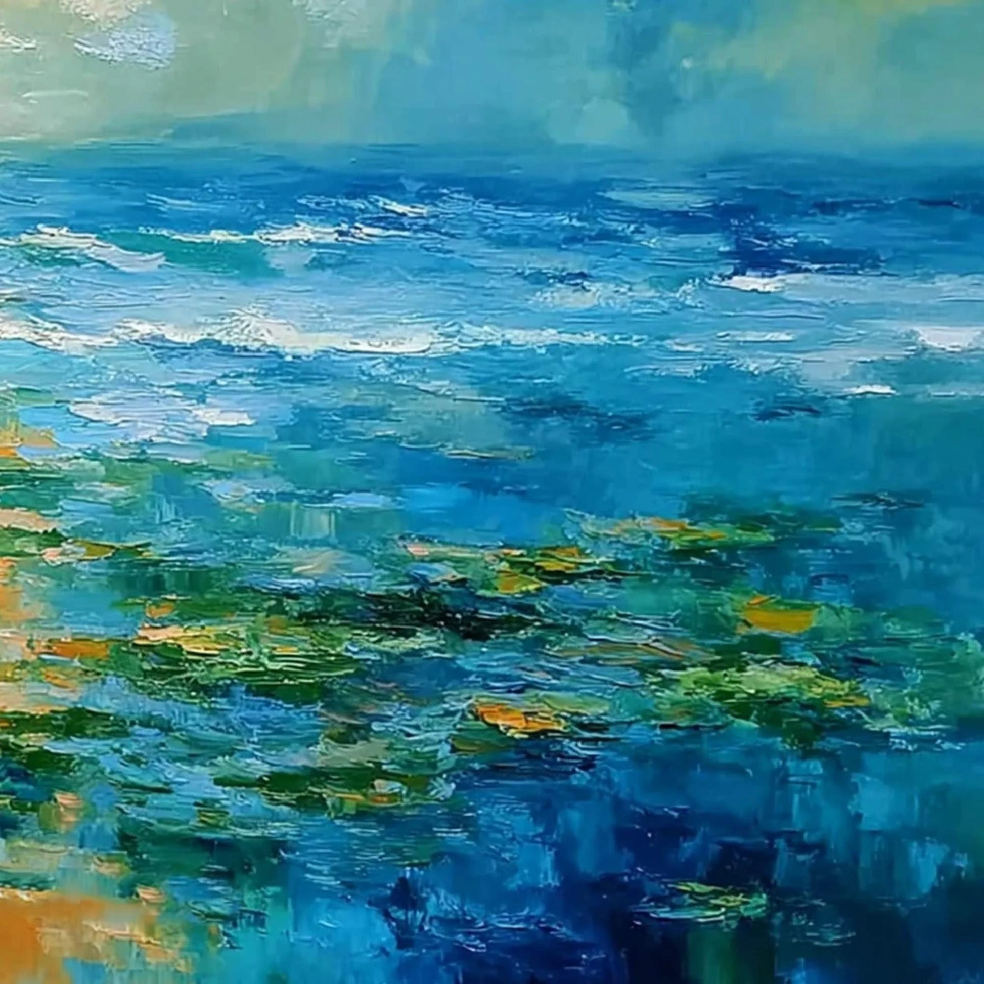 SUN-KISSED LAGOON: Textured Palette Knife Seascape Oil Painting | rolled canvas, ready for custom framing
