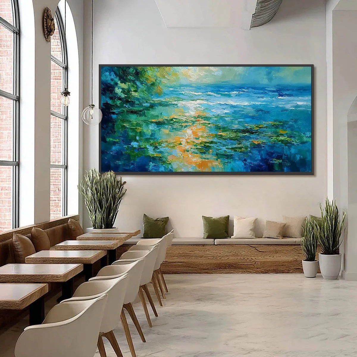 SUN-KISSED LAGOON: Textured Palette Knife Seascape Oil Painting | black frame version on white wall
