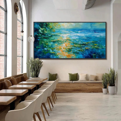 SUN-KISSED LAGOON: Textured Palette Knife Seascape Oil Painting | black frame version on white wall