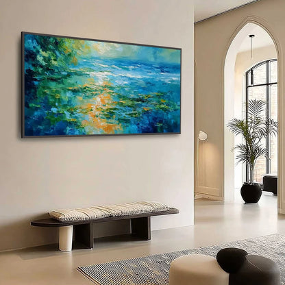 SUN-KISSED LAGOON: Textured Palette Knife Seascape Oil Painting | Abstract mood, soft natural light studio shot