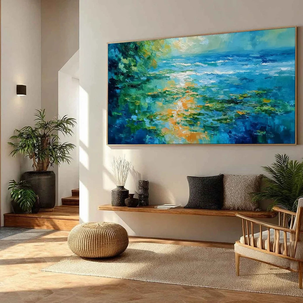 SUN-KISSED LAGOON: Textured Palette Knife Seascape Oil Painting | multi-color palette, original oil on stretched canvas art