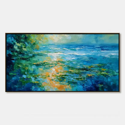 SUN-KISSED LAGOON: Textured Palette Knife Seascape Oil Painting | hanging in living room, Abstract wall art