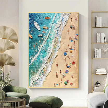 SUN-KISSED SHORES: Textured Beach Scene Painting with Figures | Abstract closeup, raised brushwork detail