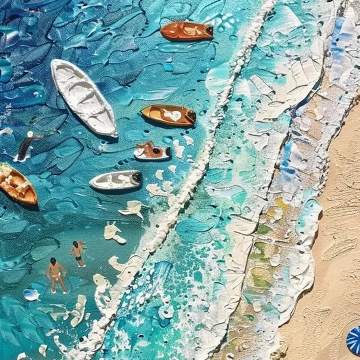 SUN-KISSED SHORES: Textured Beach Scene Painting with Figures | rectangular format, hand-painted canvas edge
