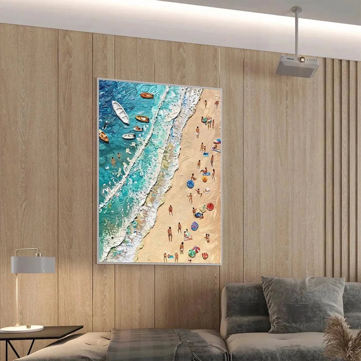 SUN-KISSED SHORES: Textured Beach Scene Painting with Figures | gold frame stretched on neutral wall