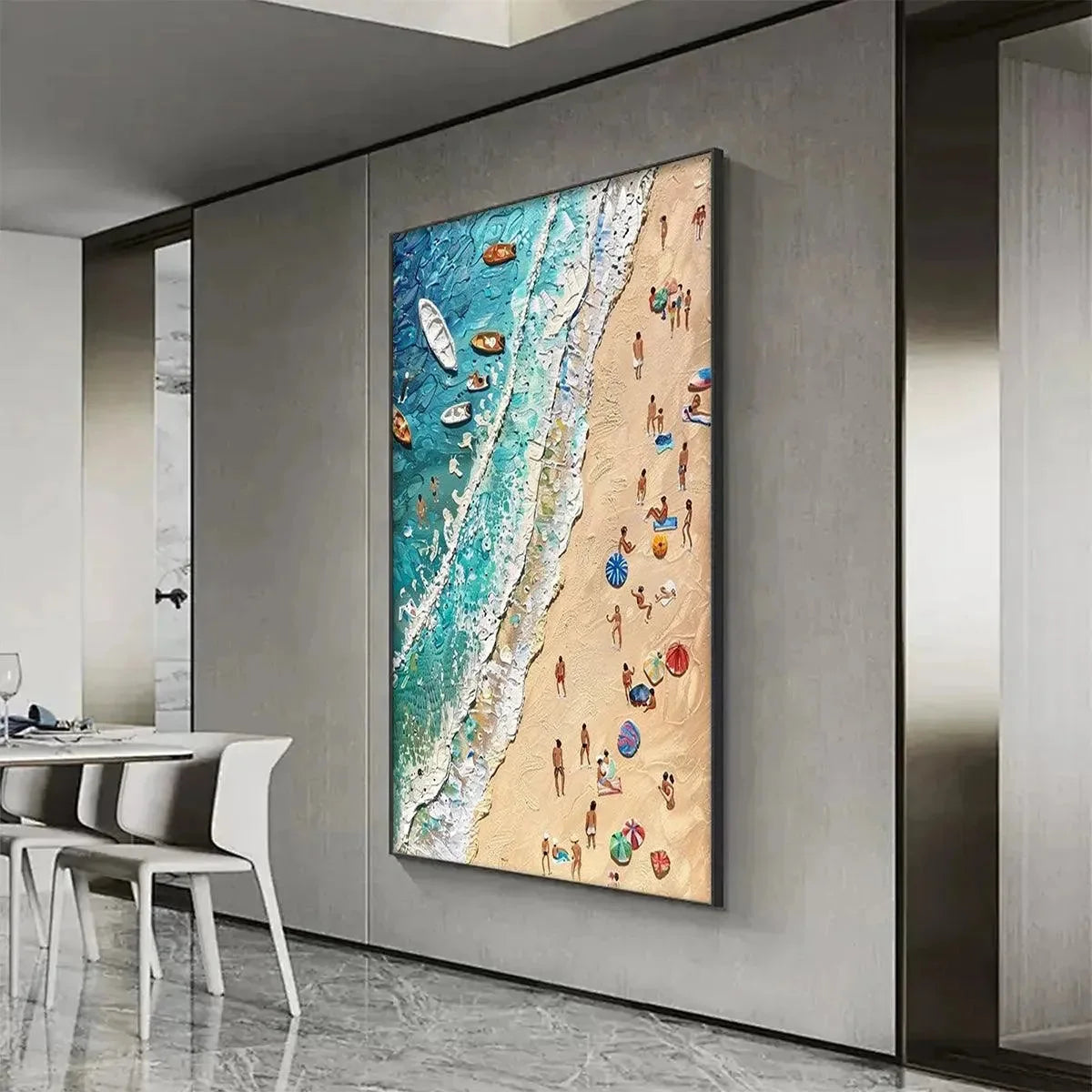 SUN-KISSED SHORES: Textured Beach Scene Painting with Figures | rolled canvas, ready for custom framing