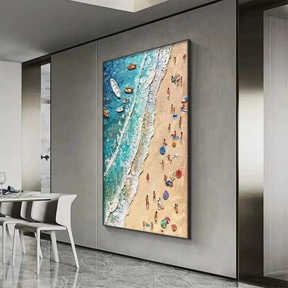 SUN-KISSED SHORES: Textured Beach Scene Painting with Figures | rolled canvas, ready for custom framing