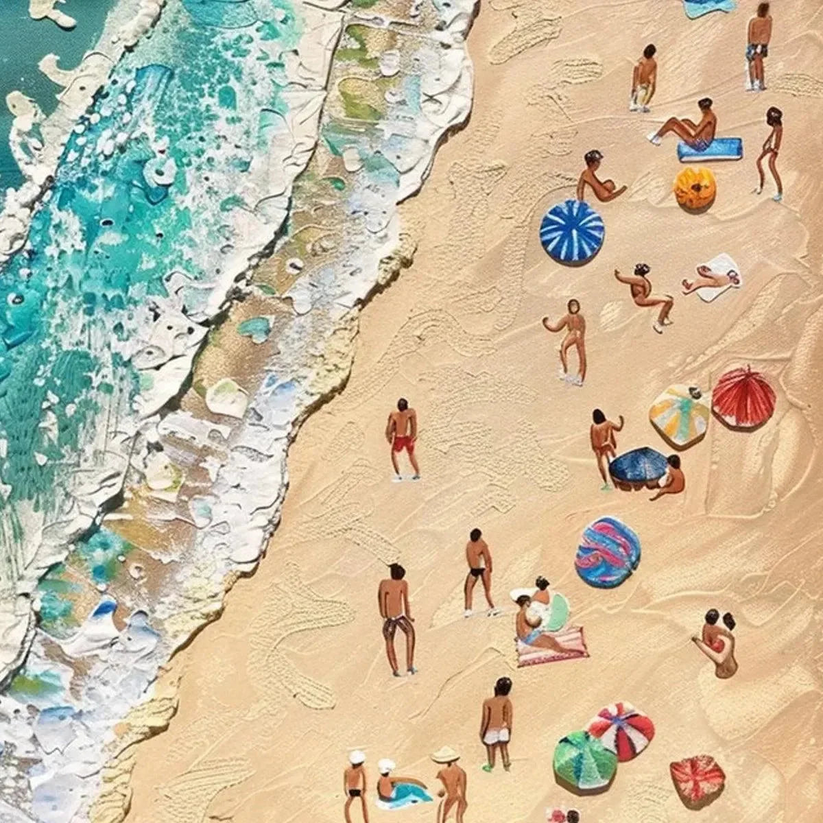 SUN-KISSED SHORES: Textured Beach Scene Painting with Figures | black frame version on white wall