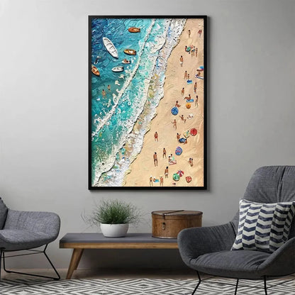 SUN-KISSED SHORES: Textured Beach Scene Painting with Figures | Abstract mood, soft natural light studio shot