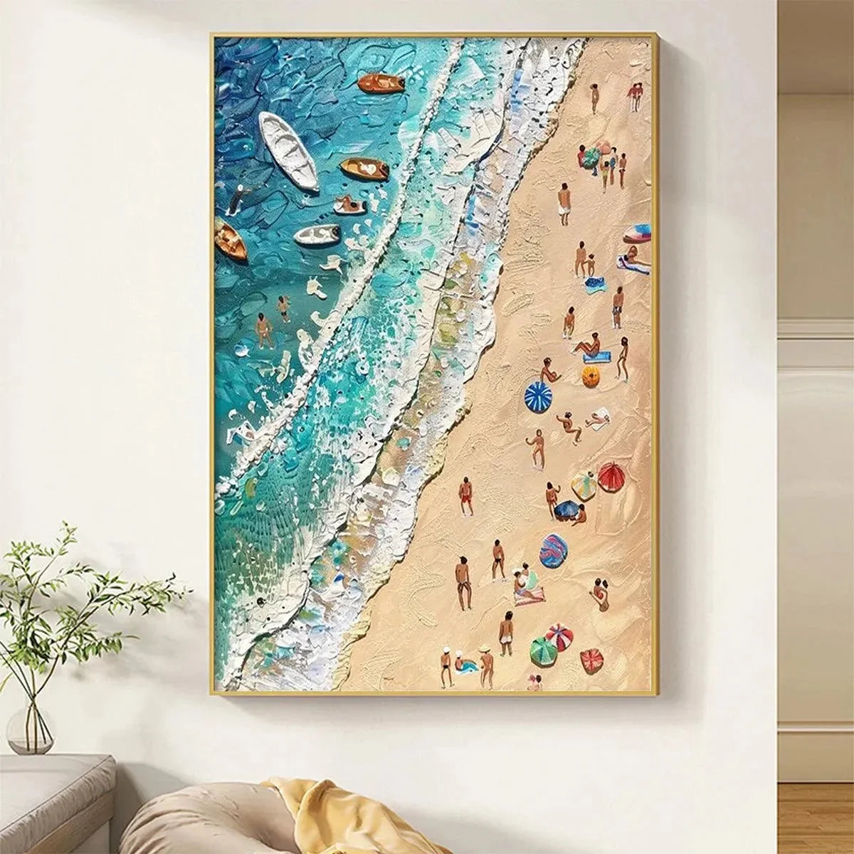 SUN-KISSED SHORES: Textured Beach Scene Painting with Figures | multi-color palette, original oil on stretched canvas art