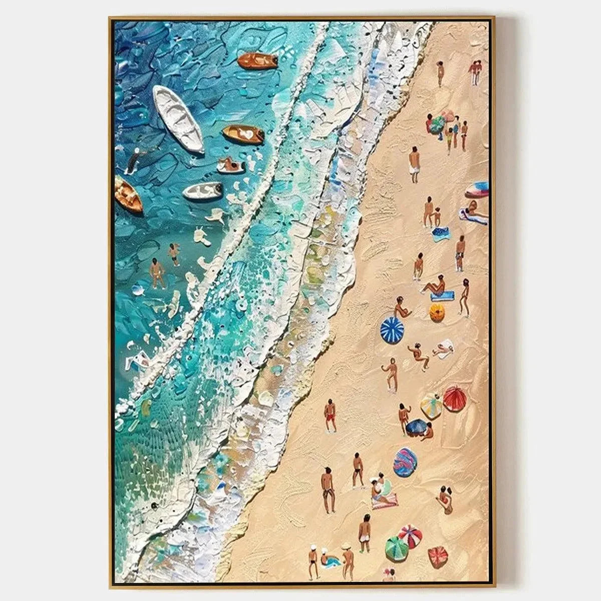 SUN-KISSED SHORES: Textured Beach Scene Painting with Figures | hanging in living room, Abstract wall art