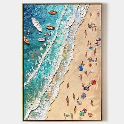 SUN-KISSED SHORES: Textured Beach Scene Painting with Figures | hanging in living room, Abstract wall art
