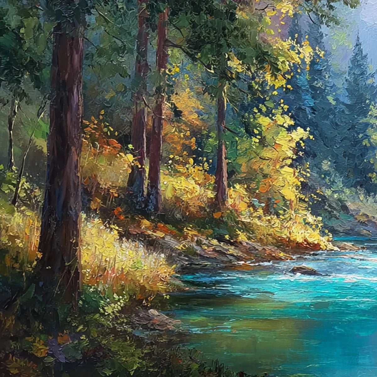 SUNBEAM CREEK: Vivid Forest River Landscape Oil Painting | rectangular format, hand-painted canvas edge