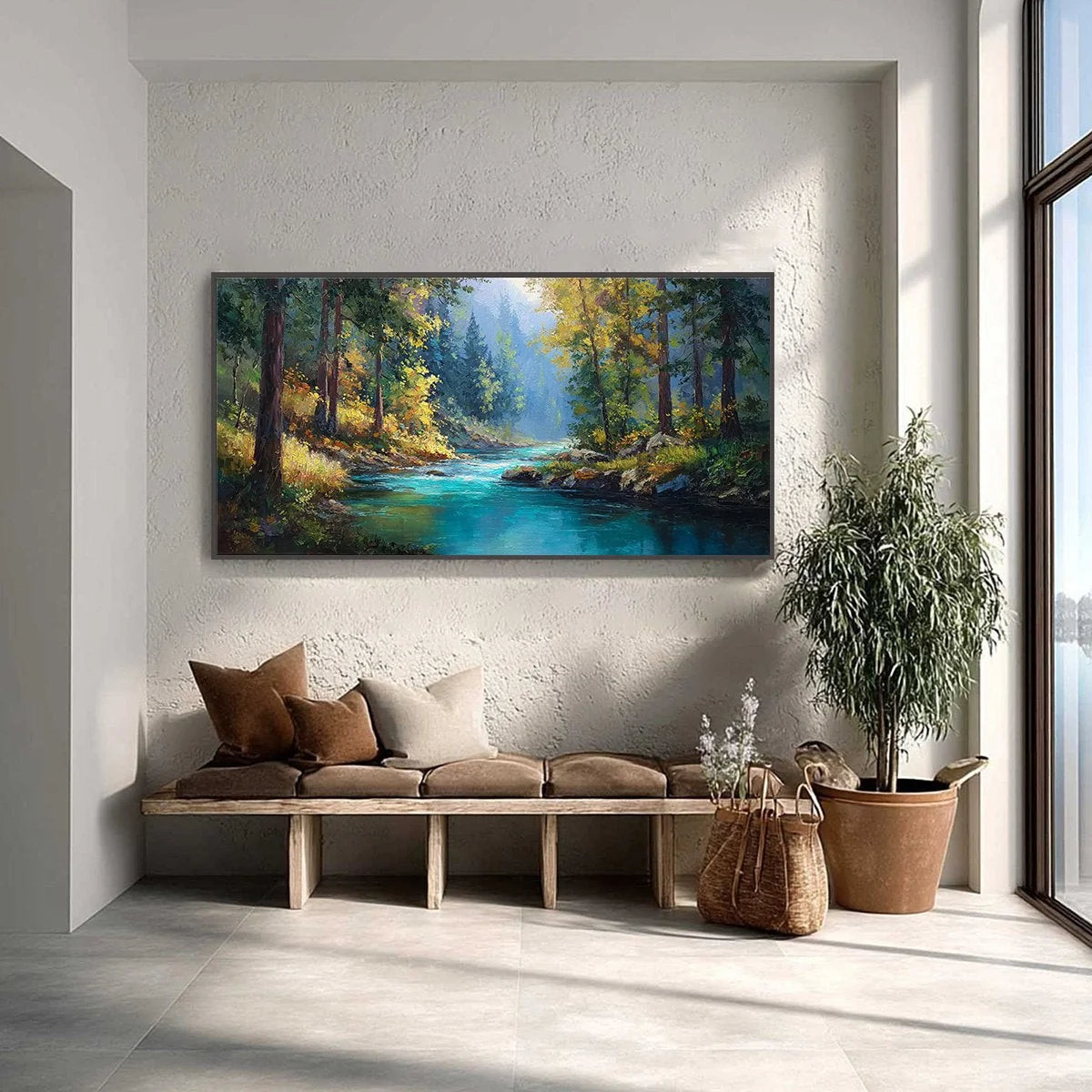 SUNBEAM CREEK: Vivid Forest River Landscape Oil Painting | gold frame stretched on neutral wall