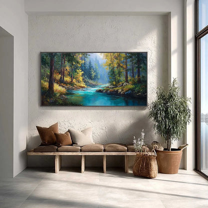 SUNBEAM CREEK: Vivid Forest River Landscape Oil Painting | gold frame stretched on neutral wall