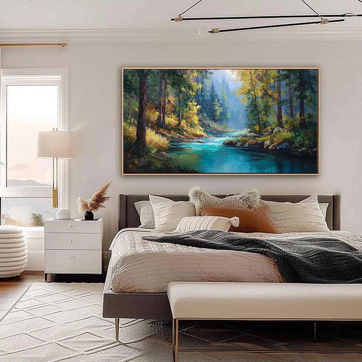 SUNBEAM CREEK: Vivid Forest River Landscape Oil Painting | black frame version on white wall